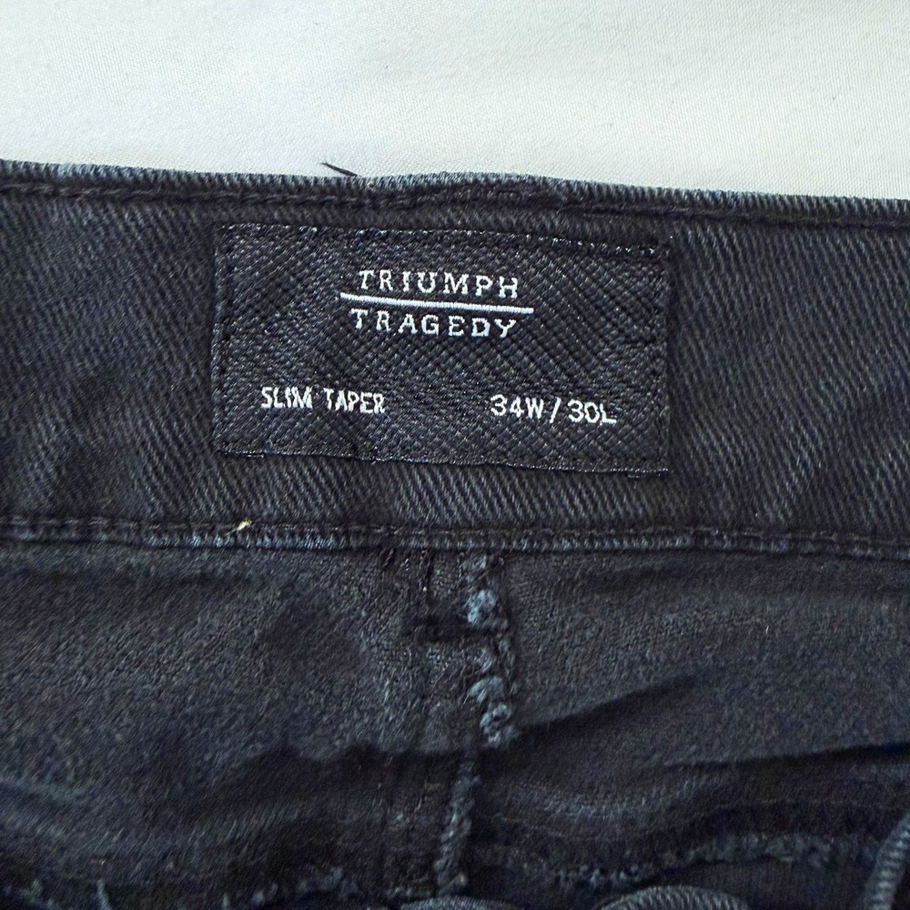 Triumph Tragedy Men's Slim Fit Tapered Jeans Black Dark Wash Cotton Denim 34x30 - Picture 2 of 8